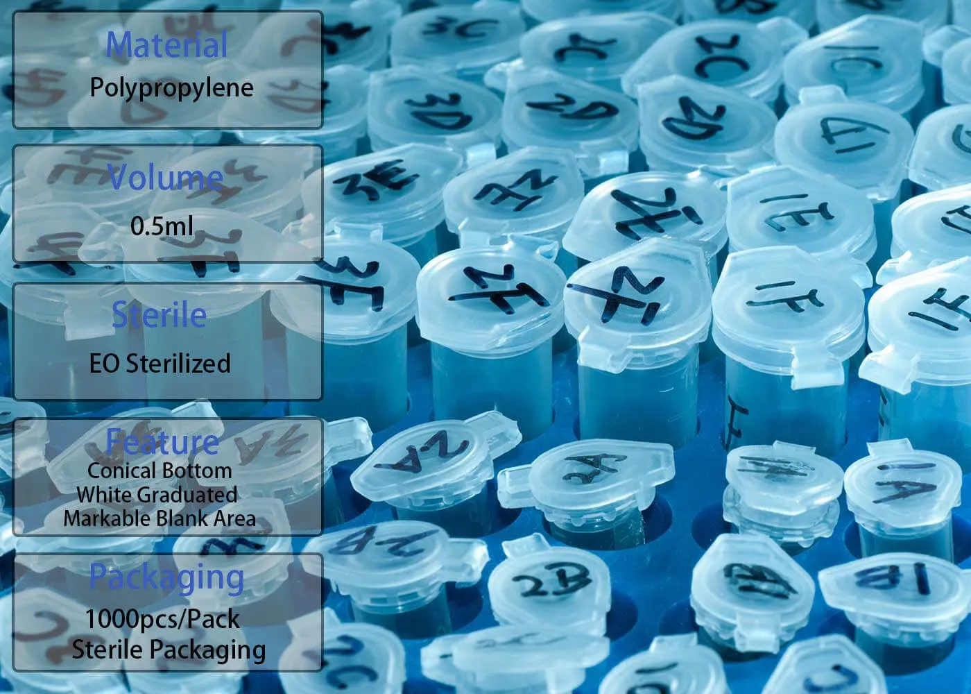 0.5ml Microcentrifuge Tubes 1000pcs, EO Sterilized Plastic Small Vials with Caps for Sample Storage Without Leakage(1000)