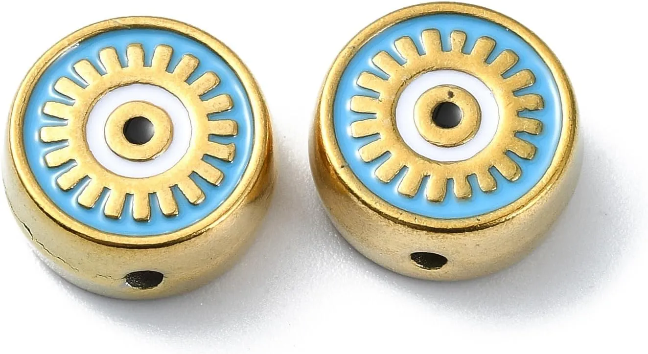 10 Pcs Colorful Enamel Evil Eye Beads Stainless Steel Flat Round Coin Beads Small Metal Spacer Beads for Keychain Bag Chain Bracelet Jewelry Making