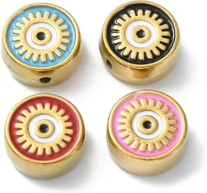 10 Pcs Colorful Enamel Evil Eye Beads Stainless Steel Flat Round Coin Beads Small Metal Spacer Beads for Keychain Bag Chain Bracelet Jewelry Making