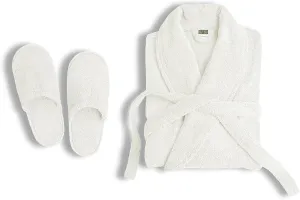 100% Cotton Terry Bathrobe and Slipper Set |Spa Robe,Pool,Soft,Lightweight,Absorbent,Unisex Bathrobes for Men and Women (Small-Medium, White)
