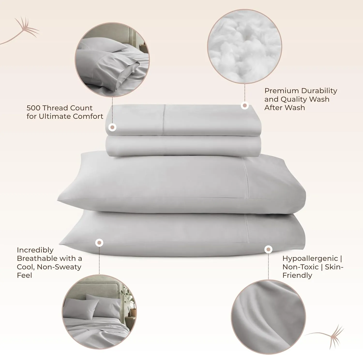 100% Organic Cotton Sheets Queen Size - GOTS Certified Organic Bed Sheets with Deep Pocket 500 Thread Count and Cozy Sateen Weave Gets Softer with Each Wash - Luxury 4 Piece Set (Gray, Queen)