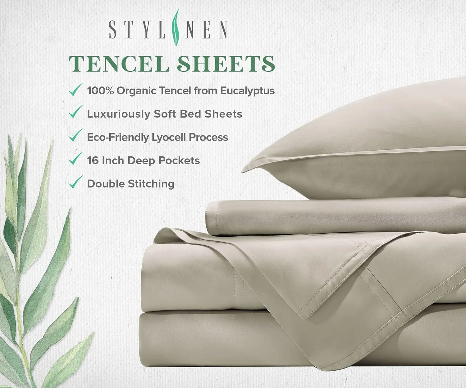 100% Organic Eucalyptus Bed Sheets Full Size 4 Piece Set, Tencel Lyocell, Silky Soft & Smooth, Breathable, 16 Inch Deep Pockets, 1 Fitted, 1 Flat, 2 Pillowcases (Full, Ivory)
