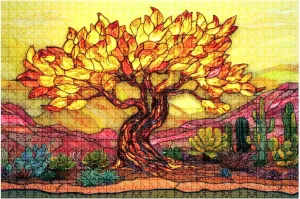 1000 Piece Puzzle Stained Glass Tree Desert Vibrant Flame Like Leaves 20" x 30" Countdown Indoor Activities Difficult Jigsaw Puzzle Set for Adults, Children - Educational Toys Gift