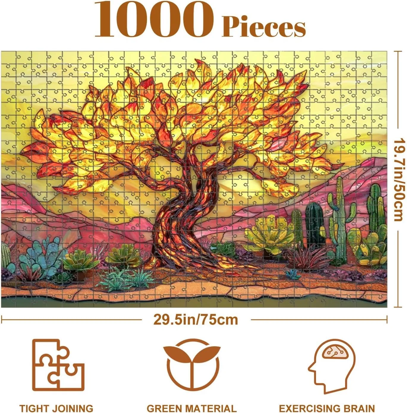 1000 Piece Puzzle Stained Glass Tree Desert Vibrant Flame Like Leaves 20" x 30" Countdown Indoor Activities Difficult Jigsaw Puzzle Set for Adults, Children - Educational Toys Gift