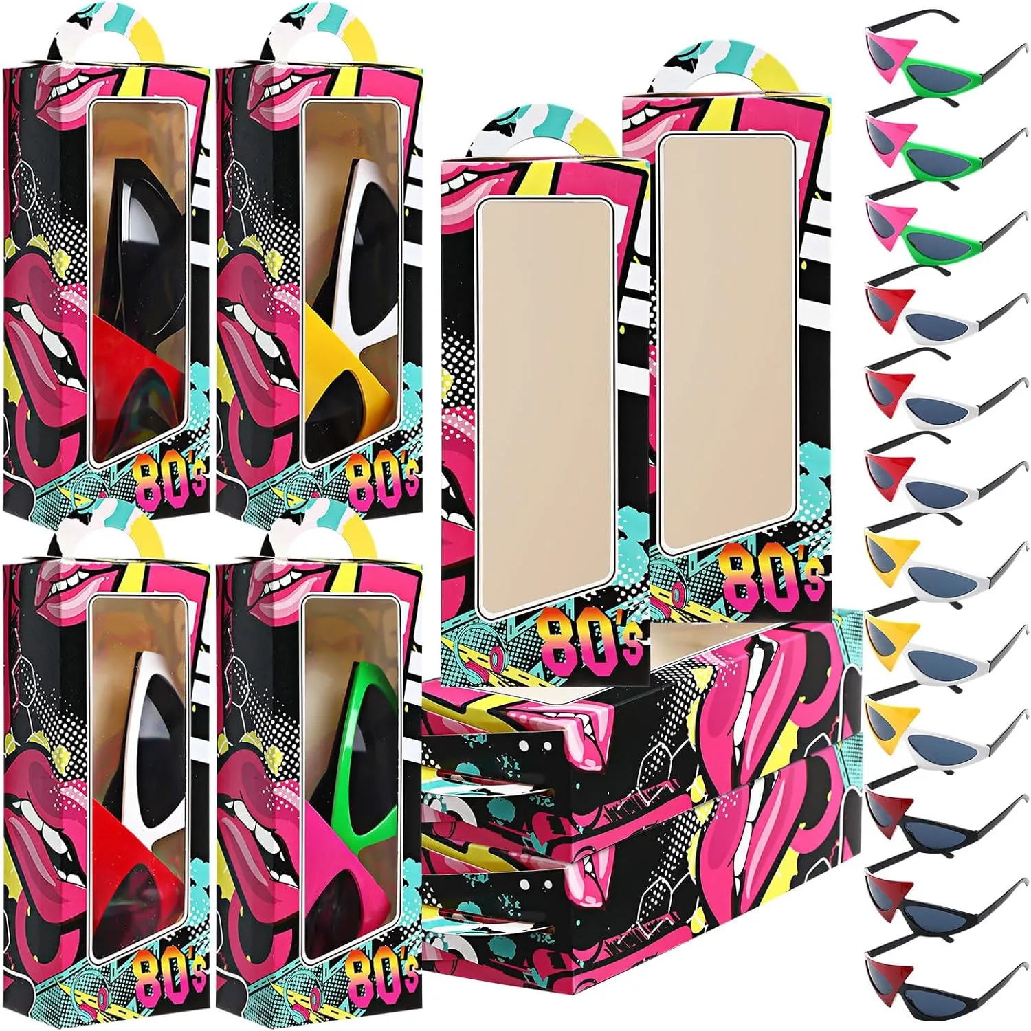 12 Set 80s Party Favors Includes Novelty Sunglasses and 80s 90s Theme Party Gift Boxes Asymmetric Glasses For Birthday Decoration Retro Neon Hip Hop Supplies