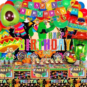 168 PCS Mexican Theme Party Decorations, Fiesta Party Decorations with Balloons, Fiesta Mexicana Decoraciones Backdrop, Mexican Theme Tablecloth, Birthday Banners, Cake Toppers, Plates and Napkins Set