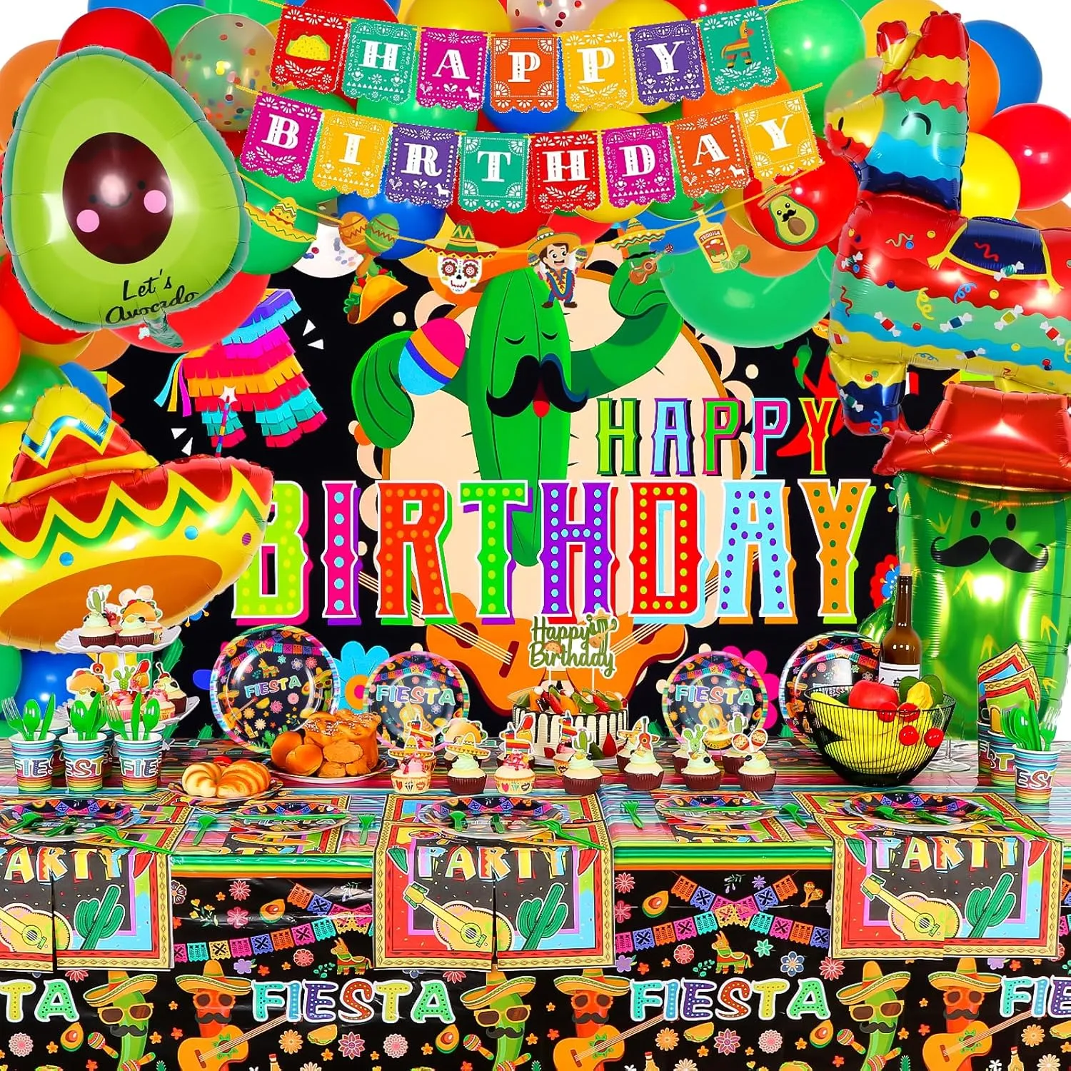 168 PCS Mexican Theme Party Decorations, Fiesta Party Decorations with Balloons, Fiesta Mexicana Decoraciones Backdrop, Mexican Theme Tablecloth, Birthday Banners, Cake Toppers, Plates and Napkins Set
