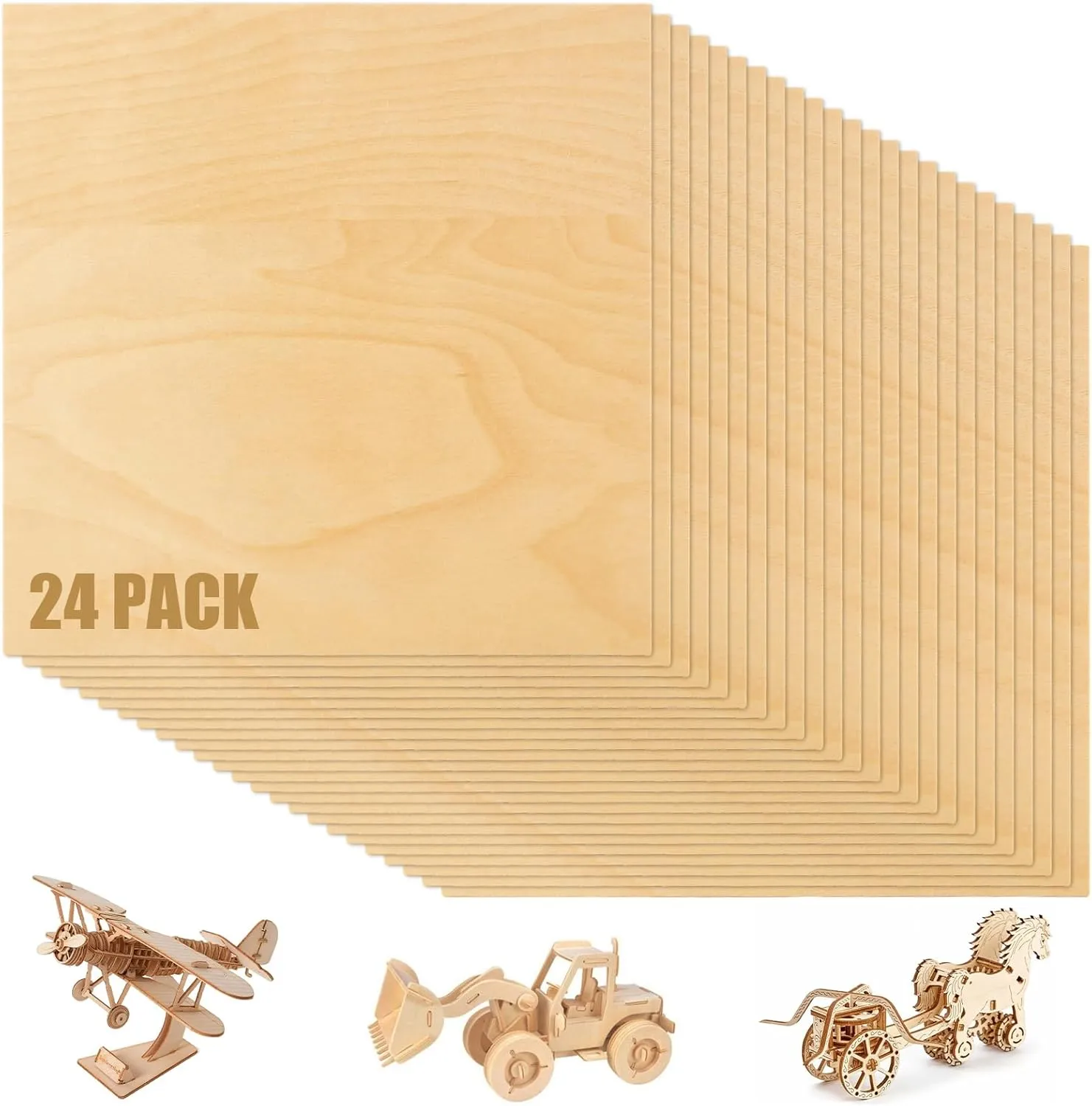 24 Pack 3mm Basswood Sheets, 10 x 10 x 1/8 Inch Plywood Sheets for Crafts, 1/8" Unfinished Plywood Wood for Laser Cutting, Engraving, DIY Crafts, Wood Burning, Painting, Model Carving