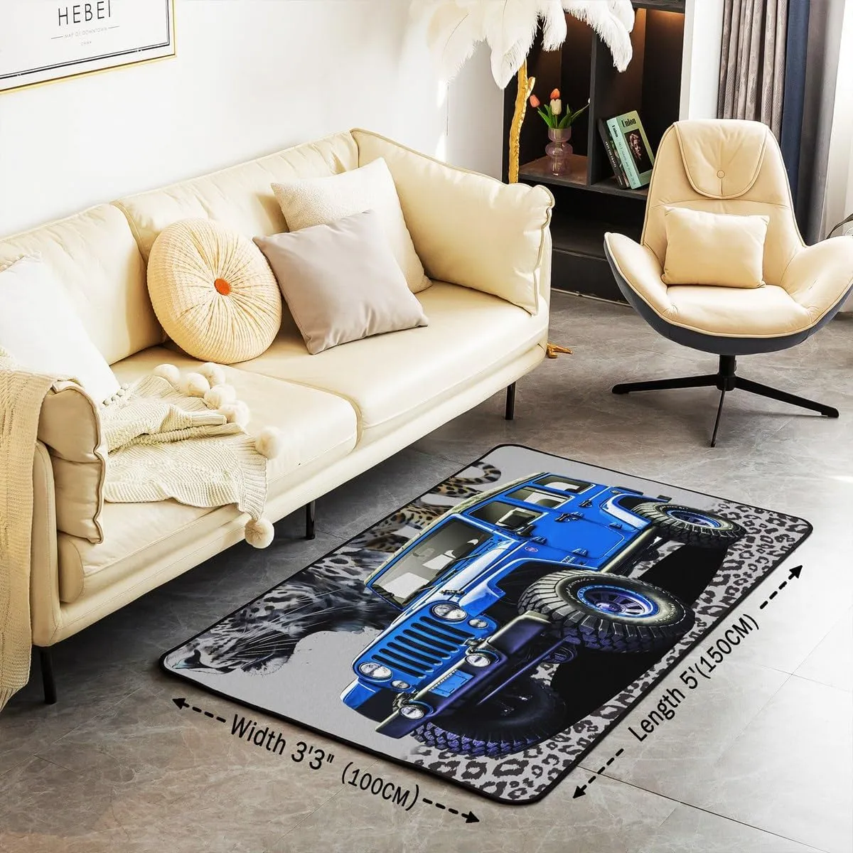 3D Blue Off-Road Vehicle Area Rug Watercolor Jungle Cheetah Leopard Print Non Slip Rug for Kids Boys Teens Adults Modern Vehicle Cool Sports Non Shedding Rug for Office 100cm X 150cm X 1cm