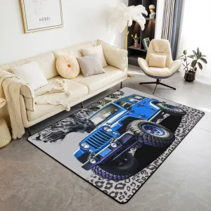 3D Blue Off-Road Vehicle Area Rug Watercolor Jungle Cheetah Leopard Print Non Slip Rug for Kids Boys Teens Adults Modern Vehicle Cool Sports Non Shedding Rug for Office 100cm X 150cm X 1cm