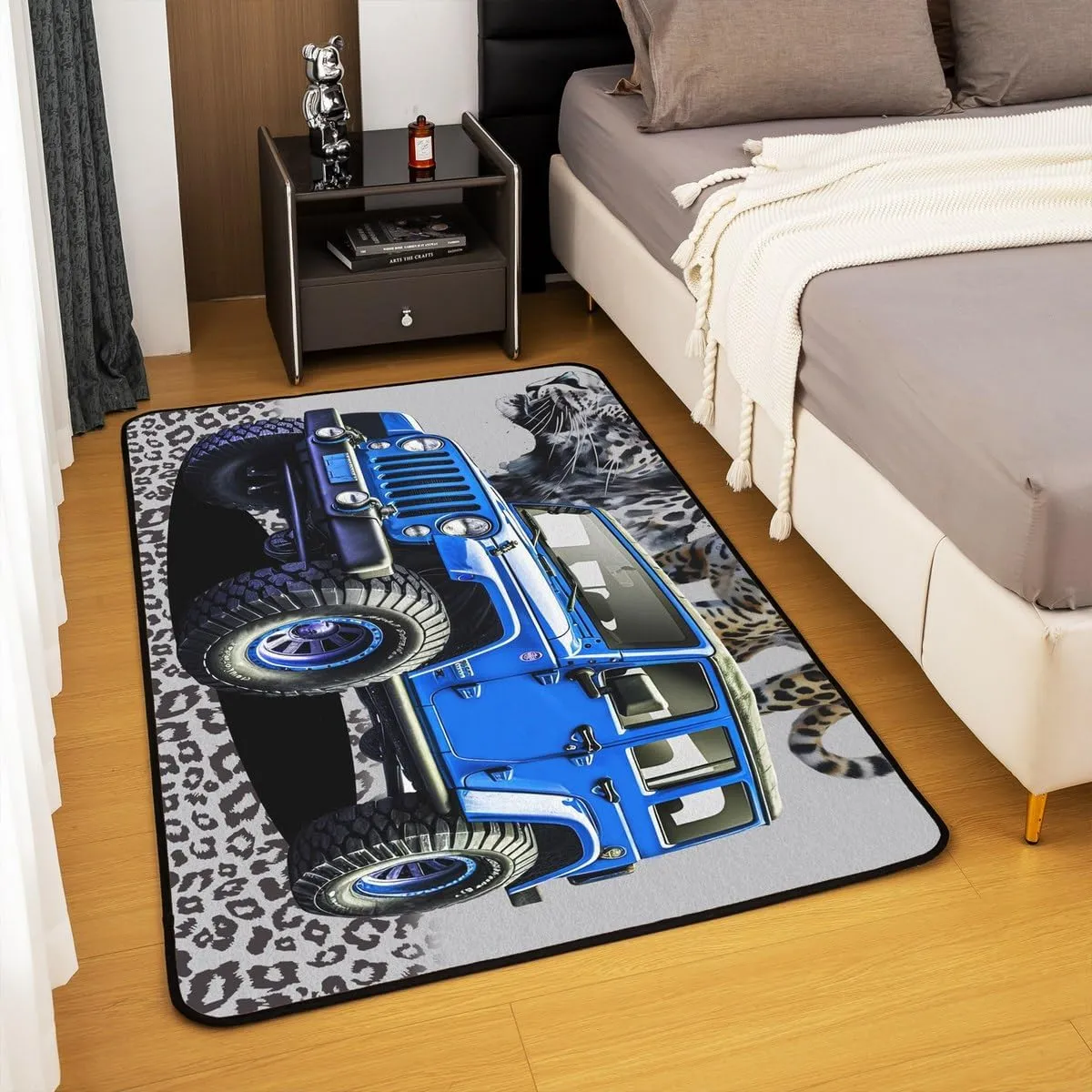 3D Blue Off-Road Vehicle Area Rug Watercolor Jungle Cheetah Leopard Print Non Slip Rug for Kids Boys Teens Adults Modern Vehicle Cool Sports Non Shedding Rug for Office 100cm X 150cm X 1cm