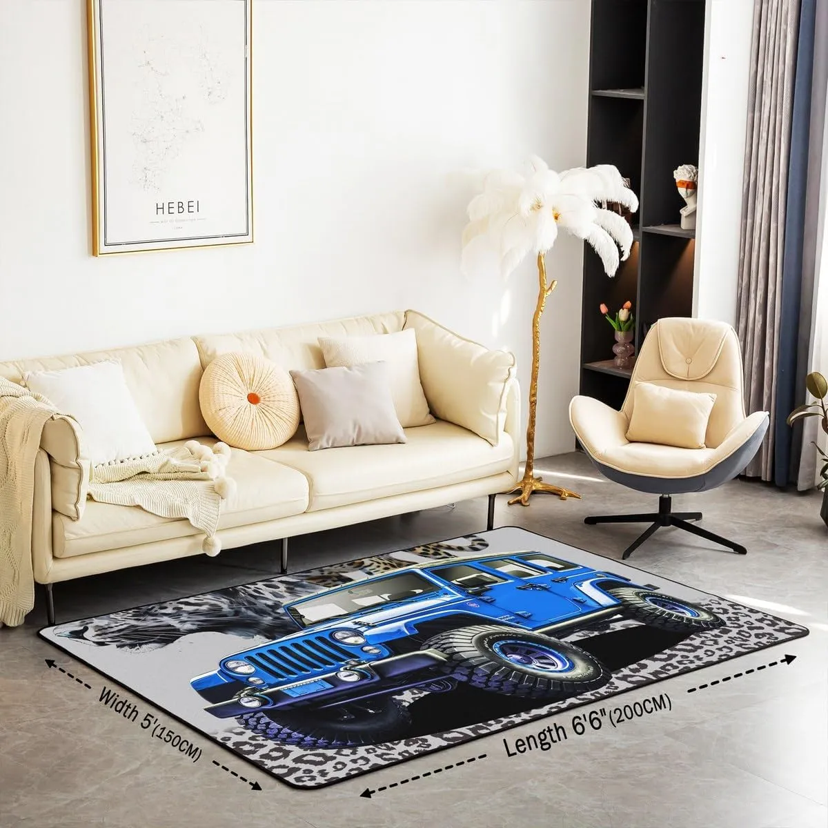 3D Blue Off-Road Vehicle Area Rug Watercolor Jungle Cheetah Leopard Print Non Slip Rug for Kids Boys Teens Adults Modern Vehicle Cool Sports Non Shedding Rug for Office 100cm X 150cm X 1cm