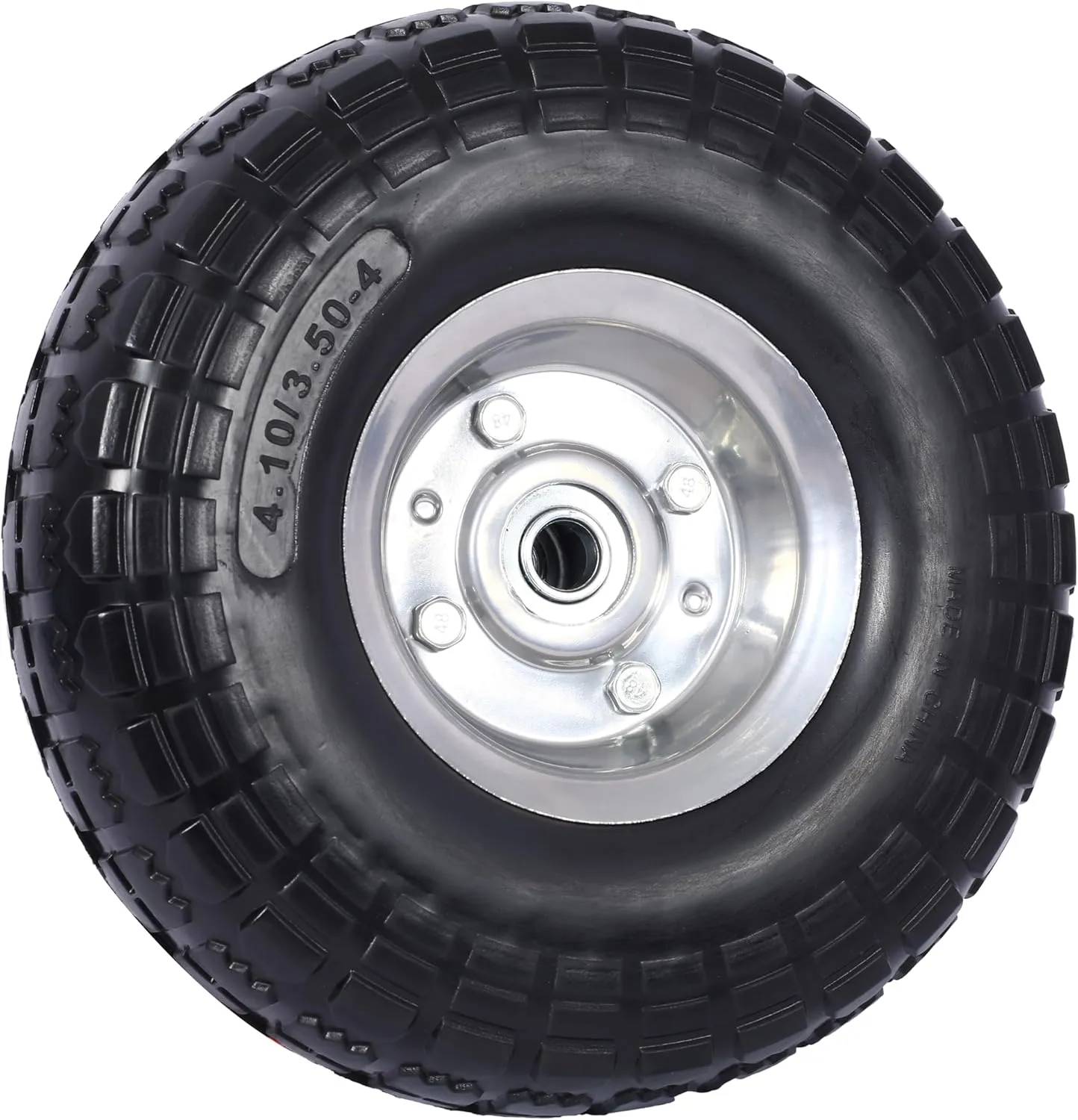 4 PCS Heavy-Duty Flat free PU foam Tire and Wheel - 4.10/3.50-4", 10" Diameter, 5/8" Axle Bore Hole, 2.2" Offset Hub and Double Sealed Bearings for Hand Trucks Replacement (Black   Silver)