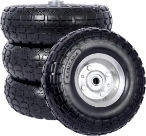 4 PCS Heavy-Duty Flat free PU foam Tire and Wheel - 4.10/3.50-4", 10" Diameter, 5/8" Axle Bore Hole, 2.2" Offset Hub and Double Sealed Bearings for Hand Trucks Replacement (Black   Silver)