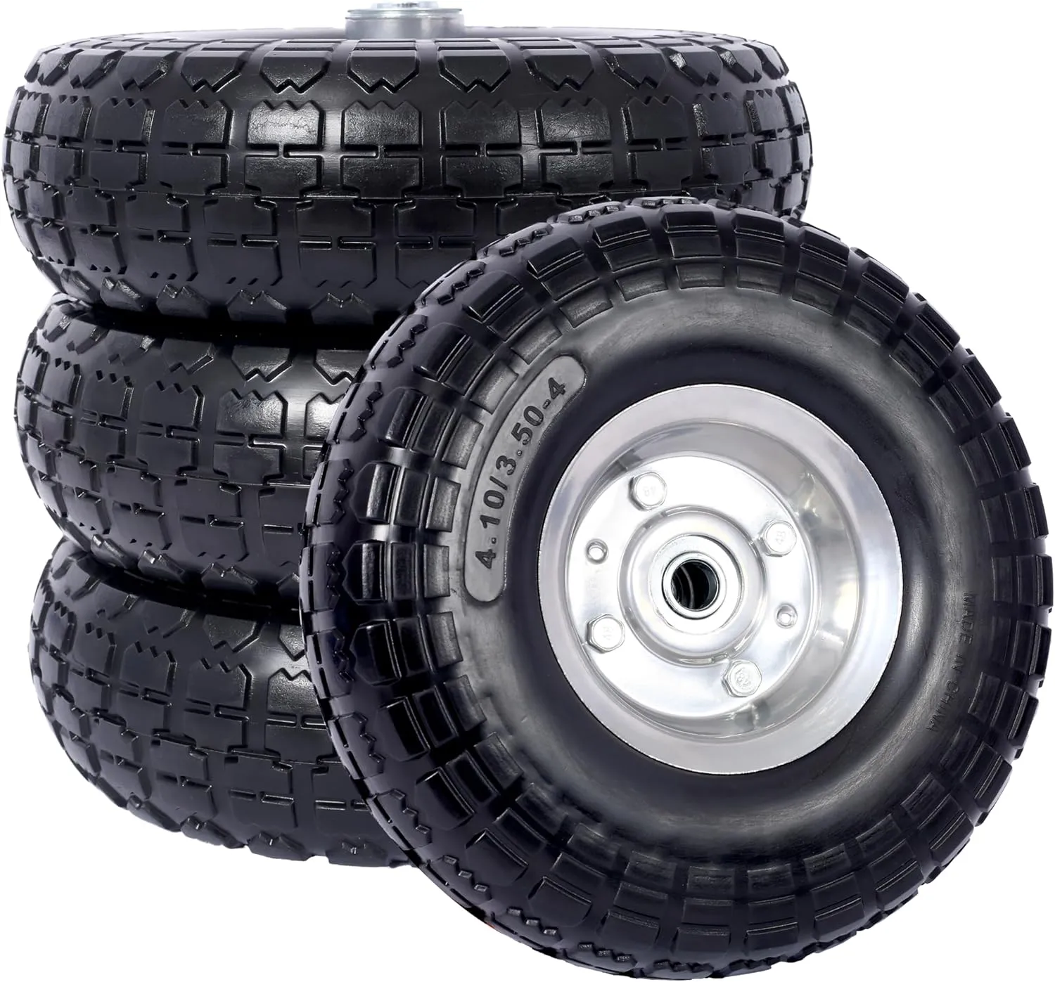 4 PCS Heavy-Duty Flat free PU foam Tire and Wheel - 4.10/3.50-4", 10" Diameter, 5/8" Axle Bore Hole, 2.2" Offset Hub and Double Sealed Bearings for Hand Trucks Replacement (Black   Silver)