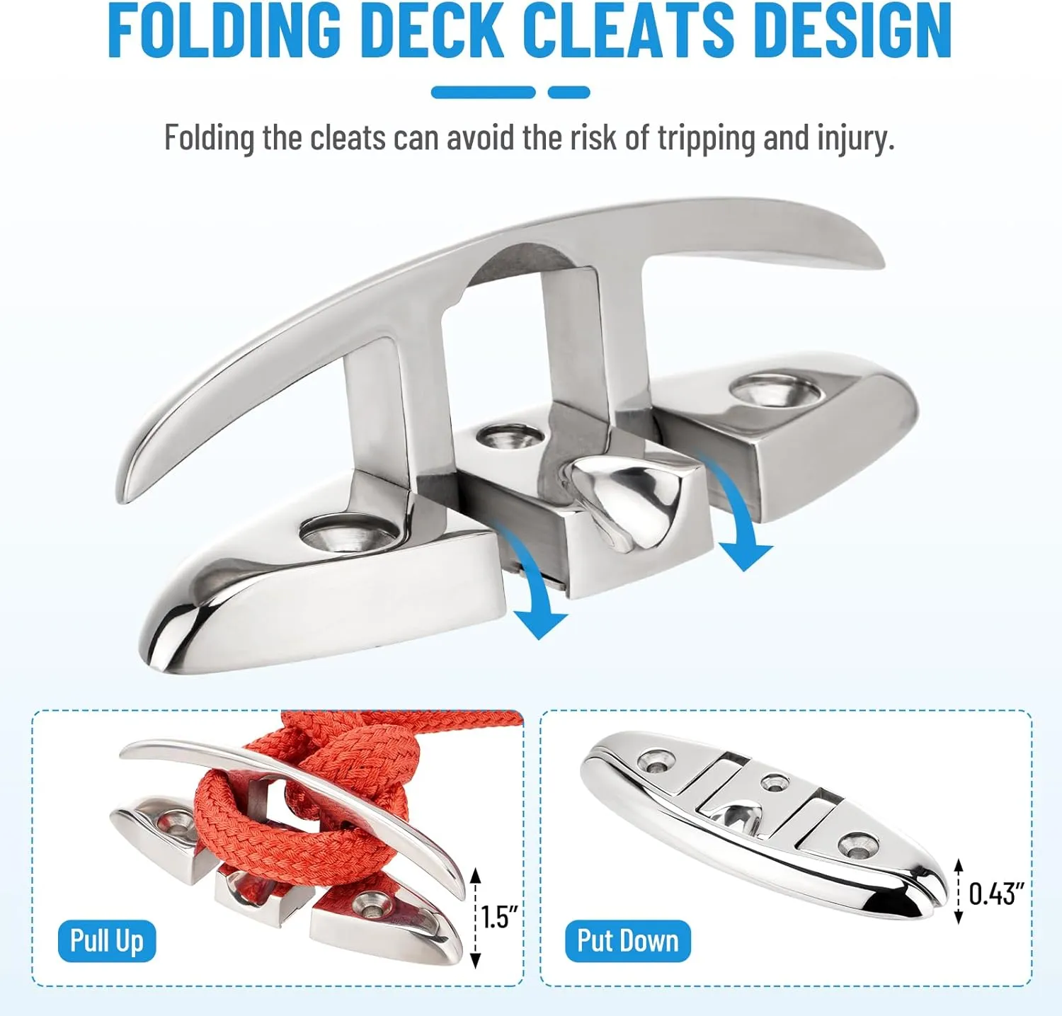5 inch/6 inch Boat Folding Cleats, 316 Stainless Steel Flip-up Marine Dock Rope Cleats with Backing Plates and Screws, Compatible with Kayak Yacht Pontoon Boat