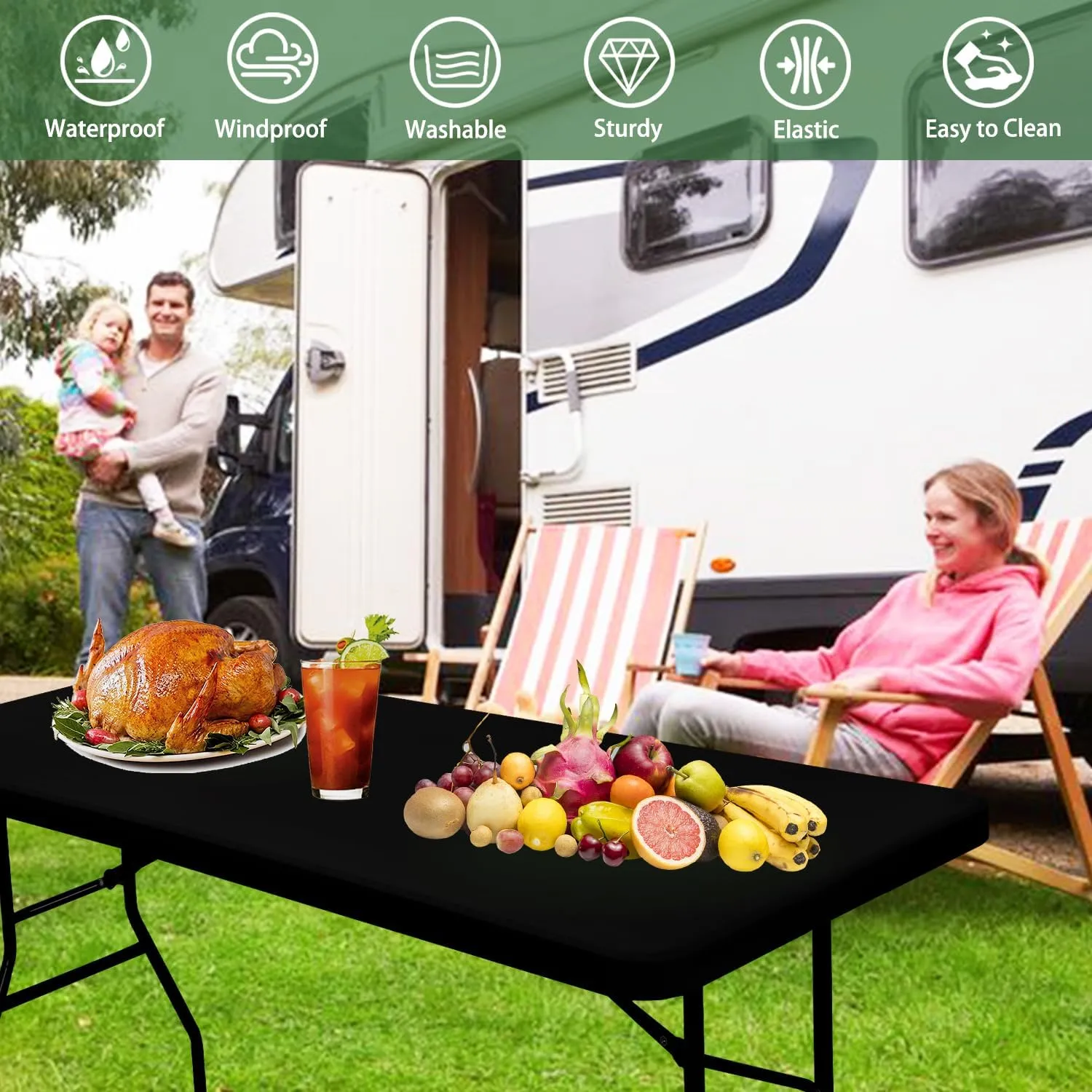 6 Pack Picnic Table Cover Fitted Tablecloth for 6 Foot Rectangle Tables Elastic Waterproof Stretch Washable Patio Folding Outdoor Spandex Table Cloth for Camping Banquet and Parties (Black,30" x 72")