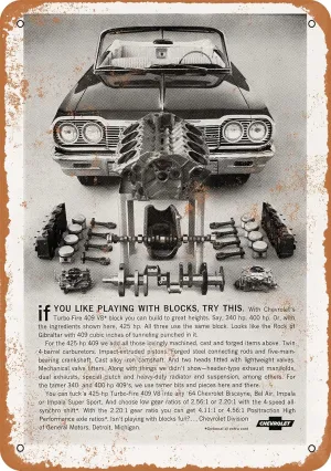 7 x 10 METAL SIGN - 1964 Chevy Turbo-Fire 409 V8 - Vintage Rusty Look