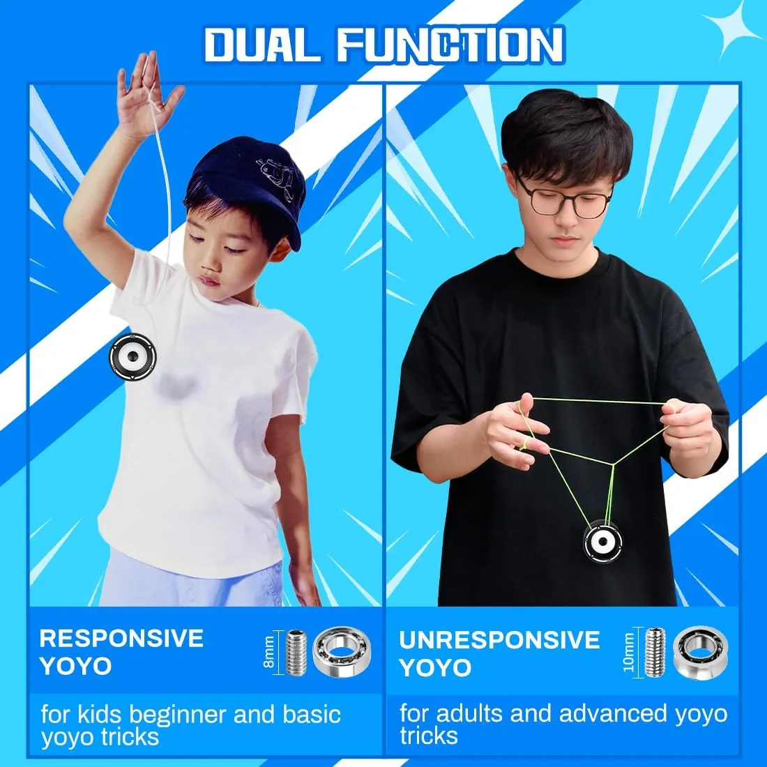 7YO S2 Responsive Yoyo for Kids, Dual Purpose Yoyo Professional Finger Spin Trick Yo-Yo for Adults with 10 Strings, Case, Unresponsive Bearing, Axle, Bearing Removal Tools