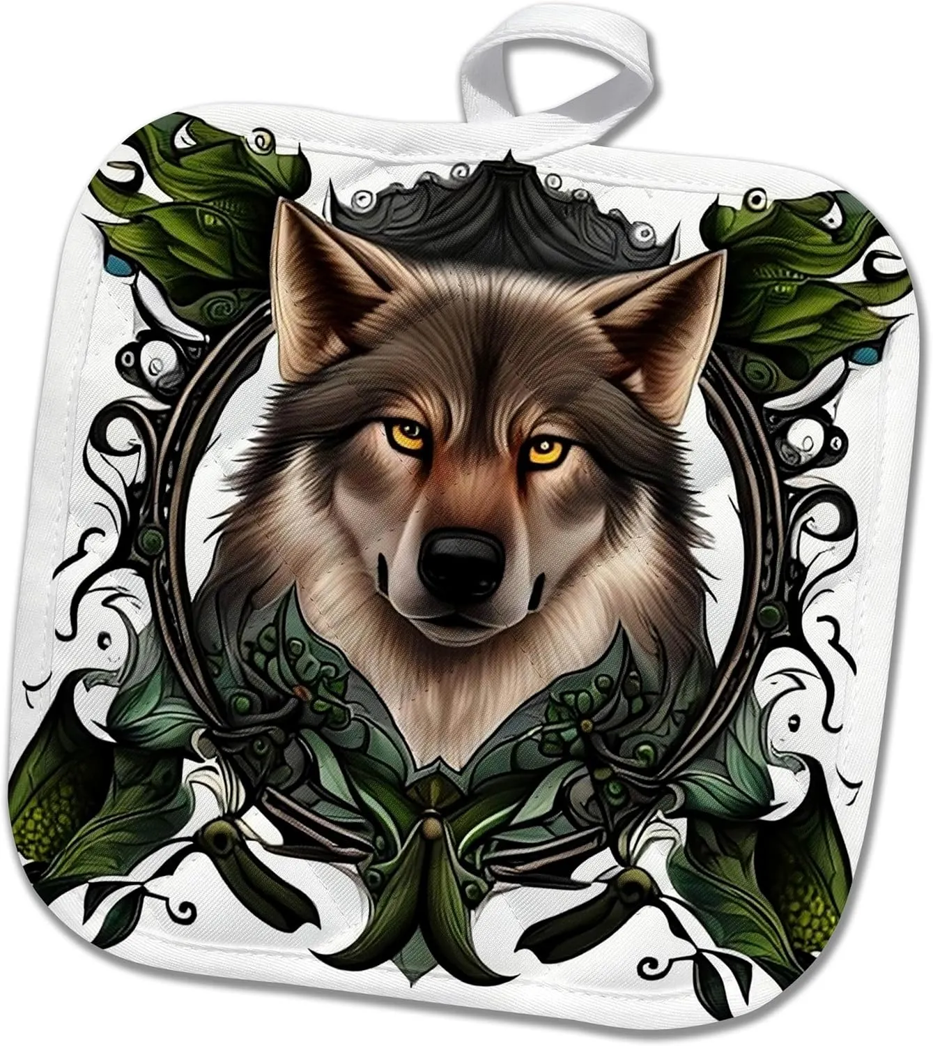 8x8 Potholder - A Timber Wolf Surrounded by Ladys Slipper Minnesota State Tattoo Art Acrylic Painting - Minnesota Emblem