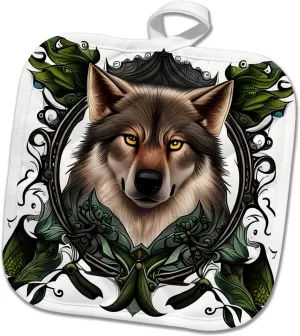 8x8 Potholder - A Timber Wolf Surrounded by Ladys Slipper Minnesota State Tattoo Art Acrylic Painting - Minnesota Emblem