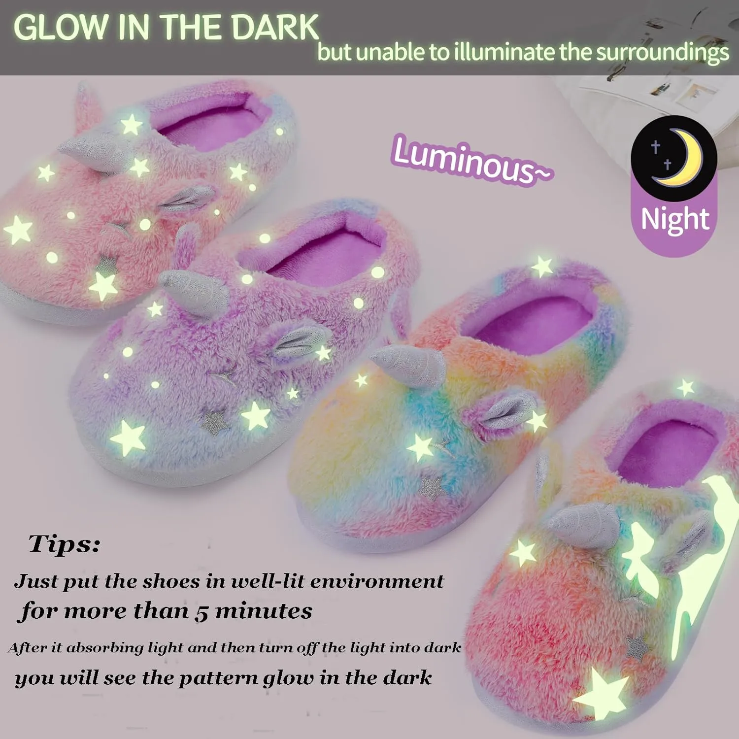 ACTLATI Kids Girls Rainbow Fuzzy Slippers Unicorn Star Glow in the Dark Plush Fleece Warm Indoor House Slippers with Anti Slip Soles