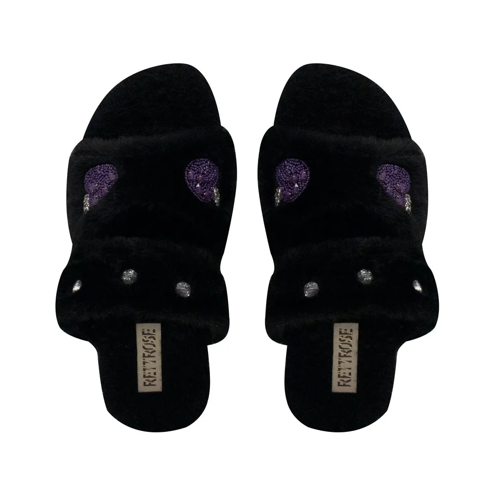Ada Black Luxury Plush Diamanté Embellished Handmade Slipper