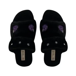 Ada Black Luxury Plush Diamanté Embellished Handmade Slipper