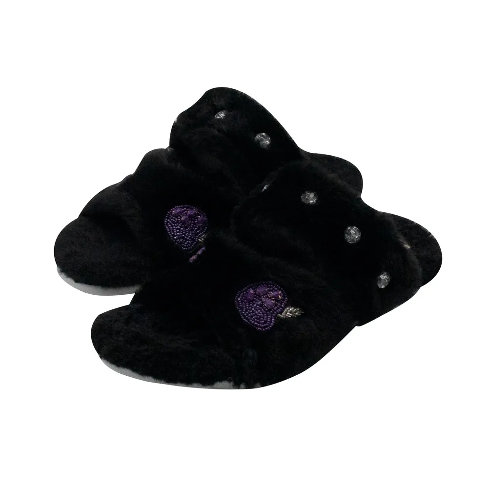 Ada Black Luxury Plush Diamanté Embellished Handmade Slipper