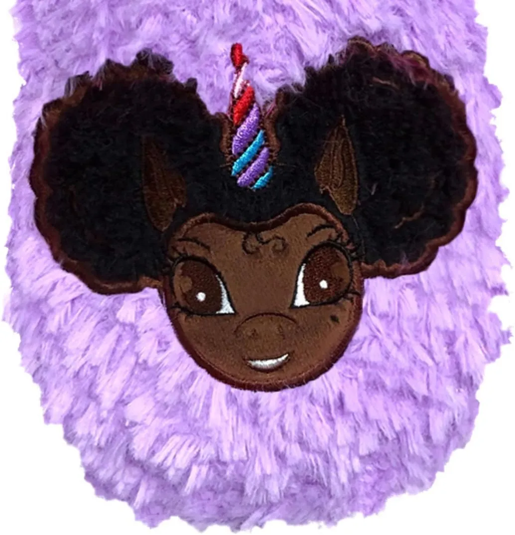 Afro Puff Unicorn Princess Purple Plush Slipper - Dark Brown with Black Hair