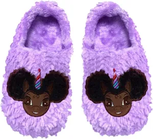 Afro Puff Unicorn Princess Purple Plush Slipper - Dark Brown with Black Hair
