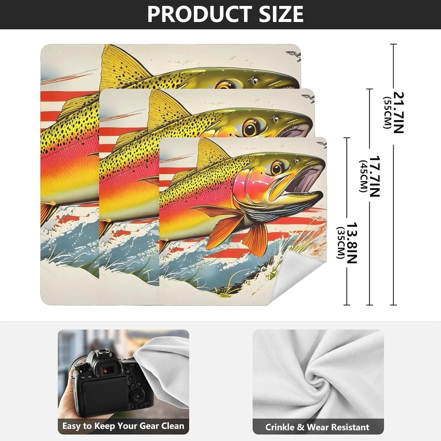 AIXIWAWA Self Adhesive Warp Cloth Trout Usa Print for Organizing, Open Lay Flat Cosmetic Bag Makeup Bag Cloth 21.7x21.7 in