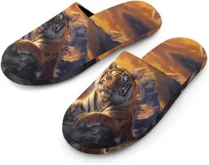 Alpine Snow Mountain Tiger at Sunset Flannel Cotton Slippers Anti-Skid Indoor Outdoor Slippers Closed Toe Slip-on House Shoes