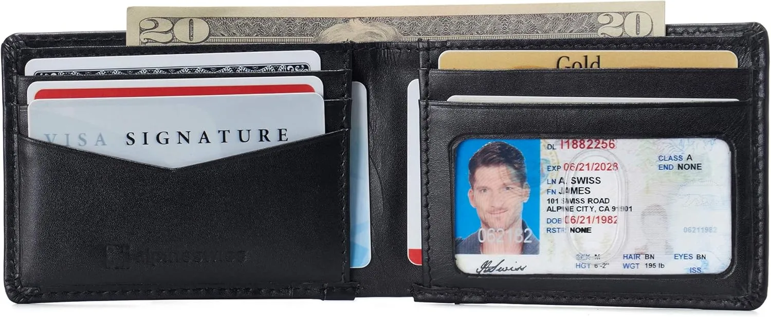 Alpine Swiss Men’s Delaney Slimfold RFID Safe Slim Bifold Wallet Smooth Leather Comes in Gift Box