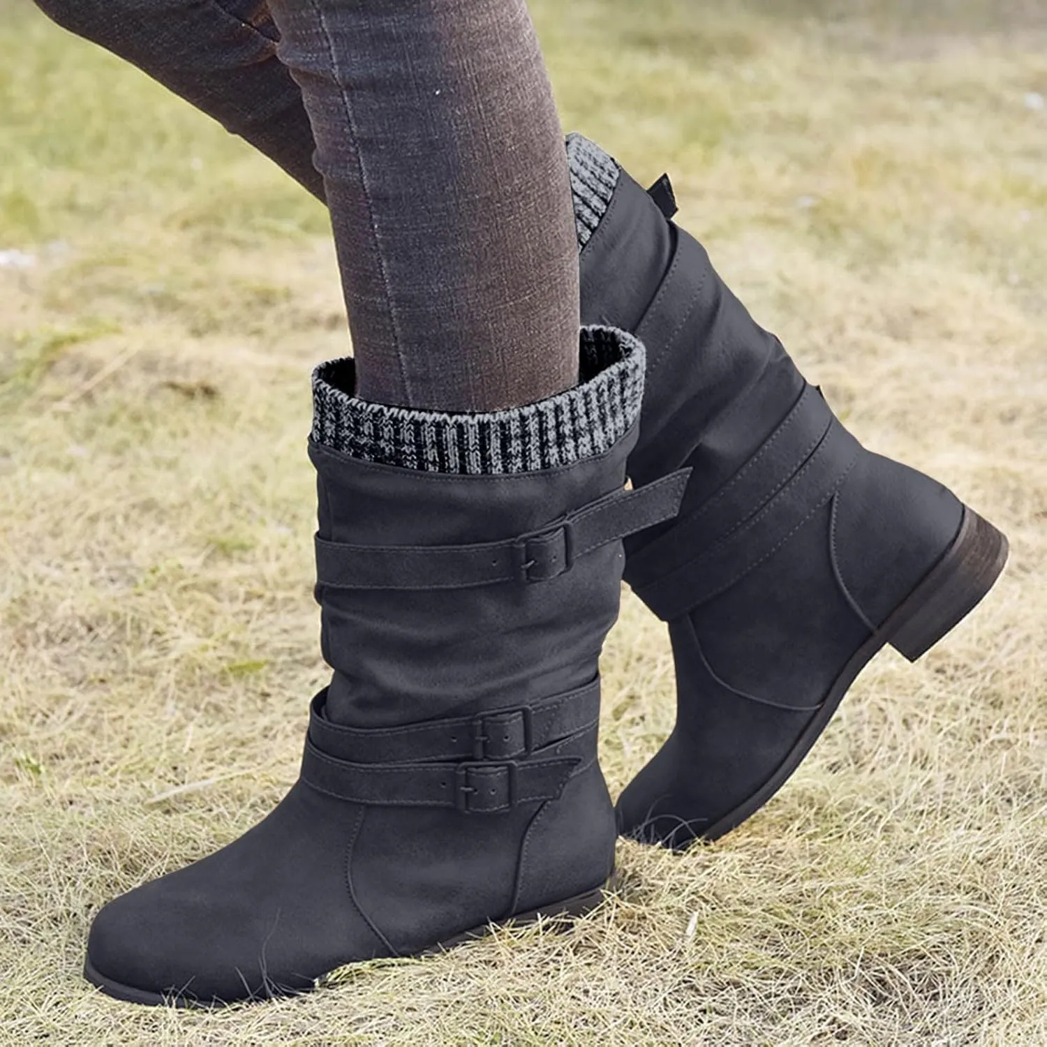 AMDBEL Mid Calf Boots for Women Low Heel Fall Boots for Women 2024 Fashion Leather Boots Slip On Ankle Booties Ladies Shoes