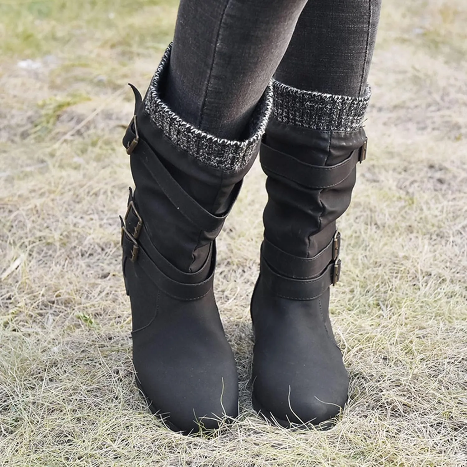 AMDBEL Mid Calf Boots for Women Low Heel Fall Boots for Women 2024 Fashion Leather Boots Slip On Ankle Booties Ladies Shoes