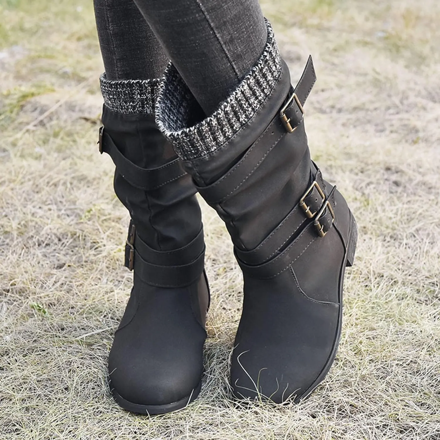 AMDBEL Mid Calf Boots for Women Low Heel Fall Boots for Women 2024 Fashion Leather Boots Slip On Ankle Booties Ladies Shoes