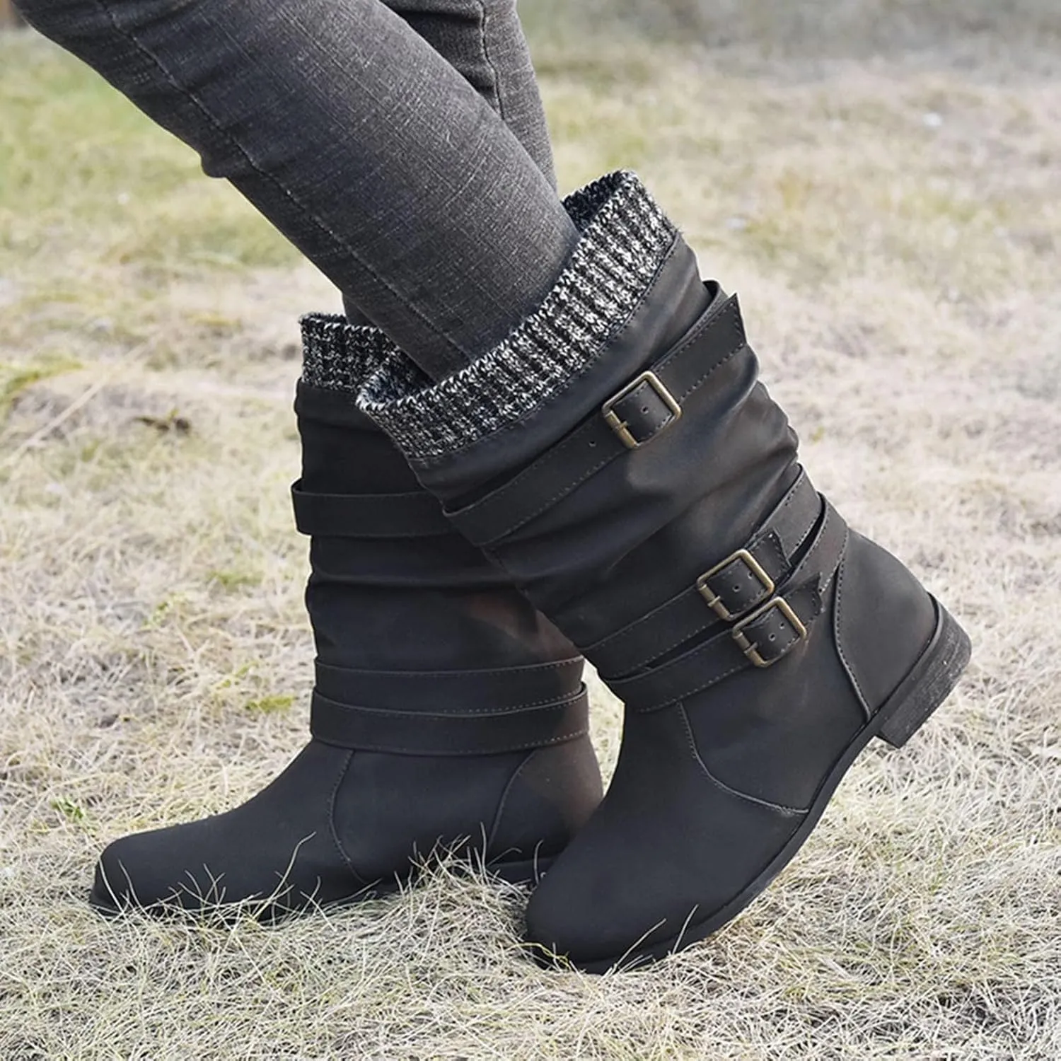 AMDBEL Mid Calf Boots for Women Low Heel Fall Boots for Women 2024 Fashion Leather Boots Slip On Ankle Booties Ladies Shoes