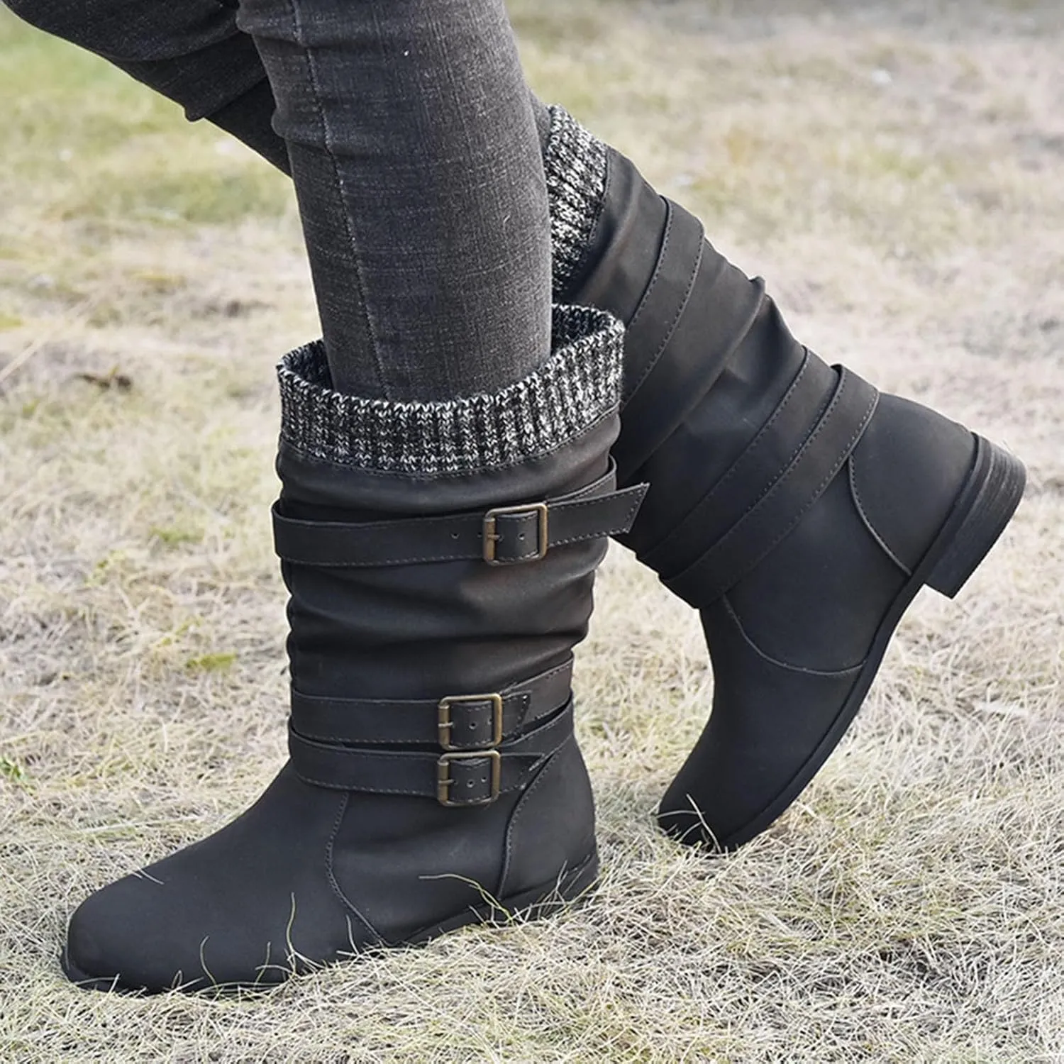 AMDBEL Mid Calf Boots for Women Low Heel Fall Boots for Women 2024 Fashion Leather Boots Slip On Ankle Booties Ladies Shoes