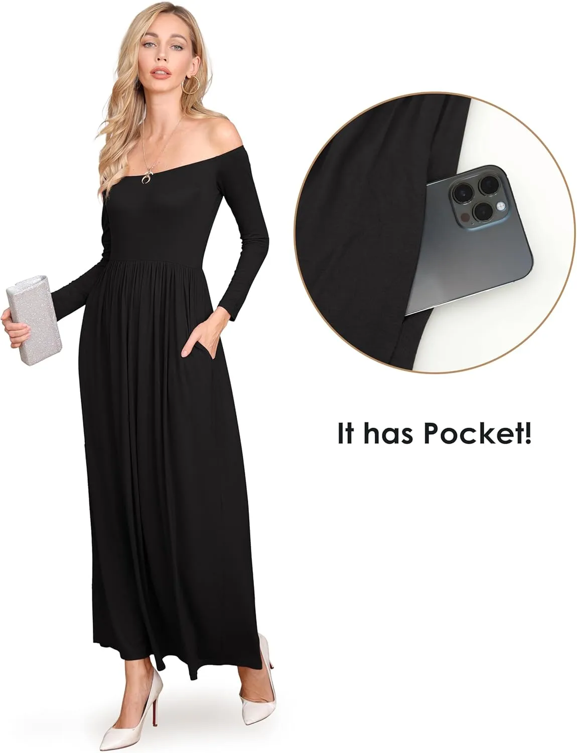 Amoretu Dresses for Women Long Sleeve Off Shoulder Maxi Flowy Casual Loose Plain Dress with Pockets