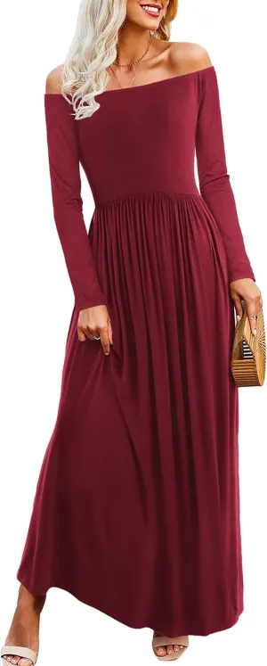 Amoretu Dresses for Women Long Sleeve Off Shoulder Maxi Flowy Casual Loose Plain Dress with Pockets