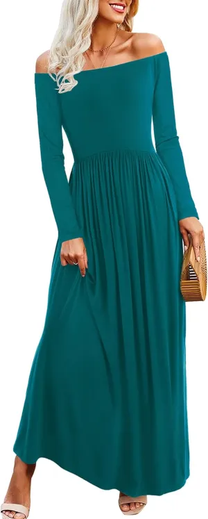 Amoretu Dresses for Women Long Sleeve Off Shoulder Maxi Flowy Casual Loose Plain Dress with Pockets