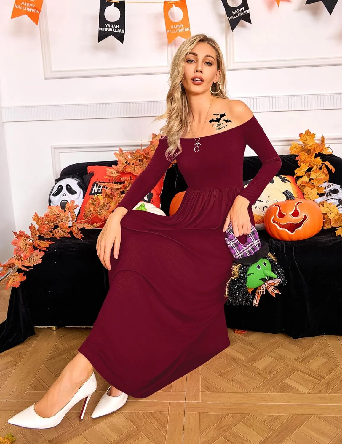 Amoretu Dresses for Women Long Sleeve Off Shoulder Maxi Flowy Casual Loose Plain Dress with Pockets