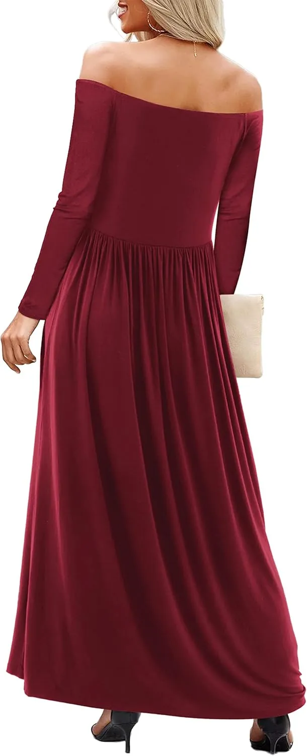 Amoretu Dresses for Women Long Sleeve Off Shoulder Maxi Flowy Casual Loose Plain Dress with Pockets