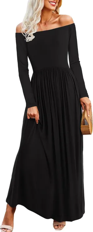 Amoretu Dresses for Women Long Sleeve Off Shoulder Maxi Flowy Casual Loose Plain Dress with Pockets