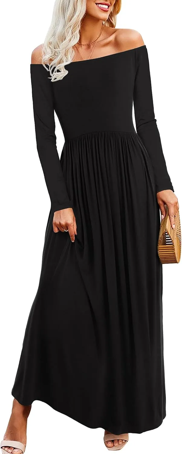 Amoretu Dresses for Women Long Sleeve Off Shoulder Maxi Flowy Casual Loose Plain Dress with Pockets