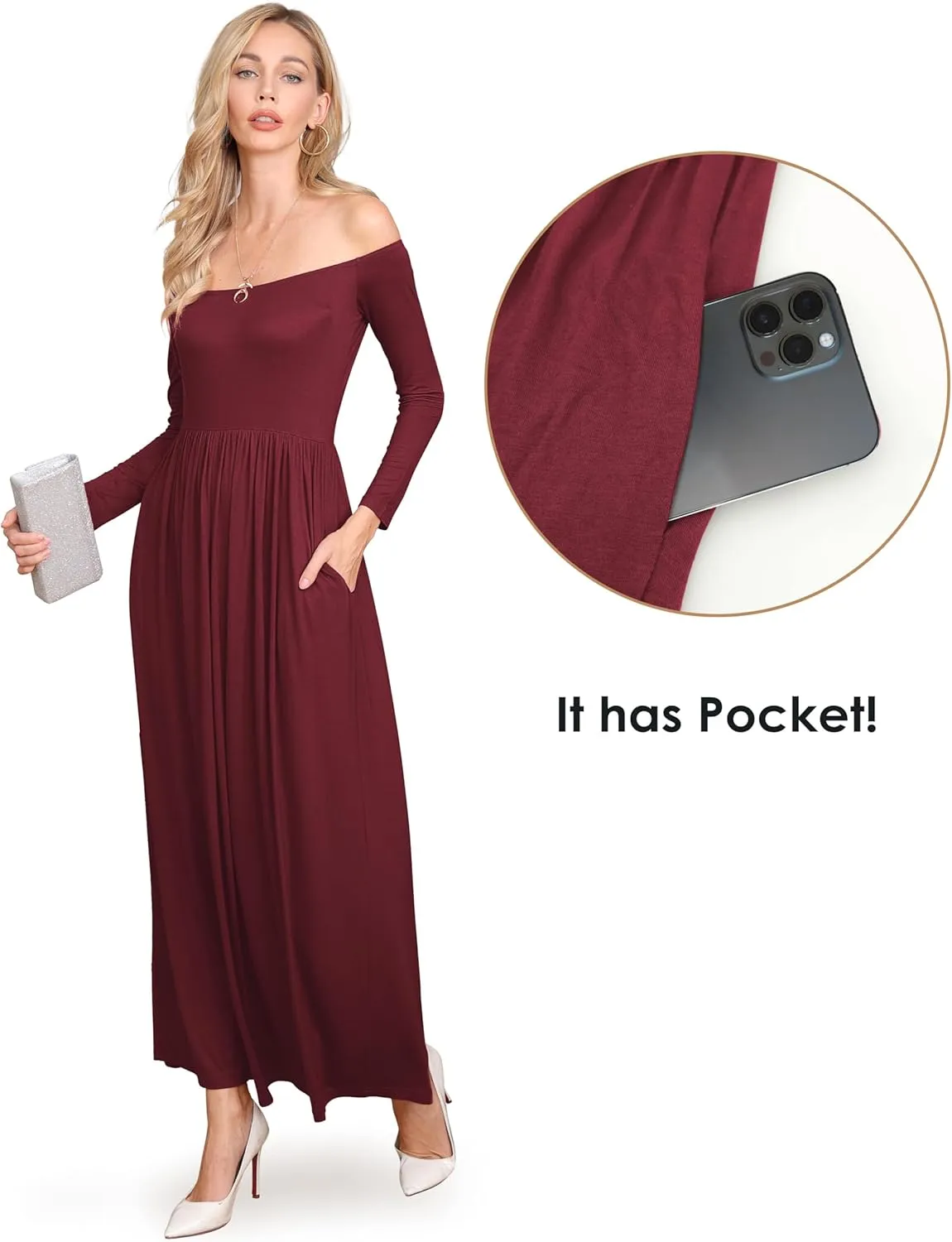 Amoretu Dresses for Women Long Sleeve Off Shoulder Maxi Flowy Casual Loose Plain Dress with Pockets
