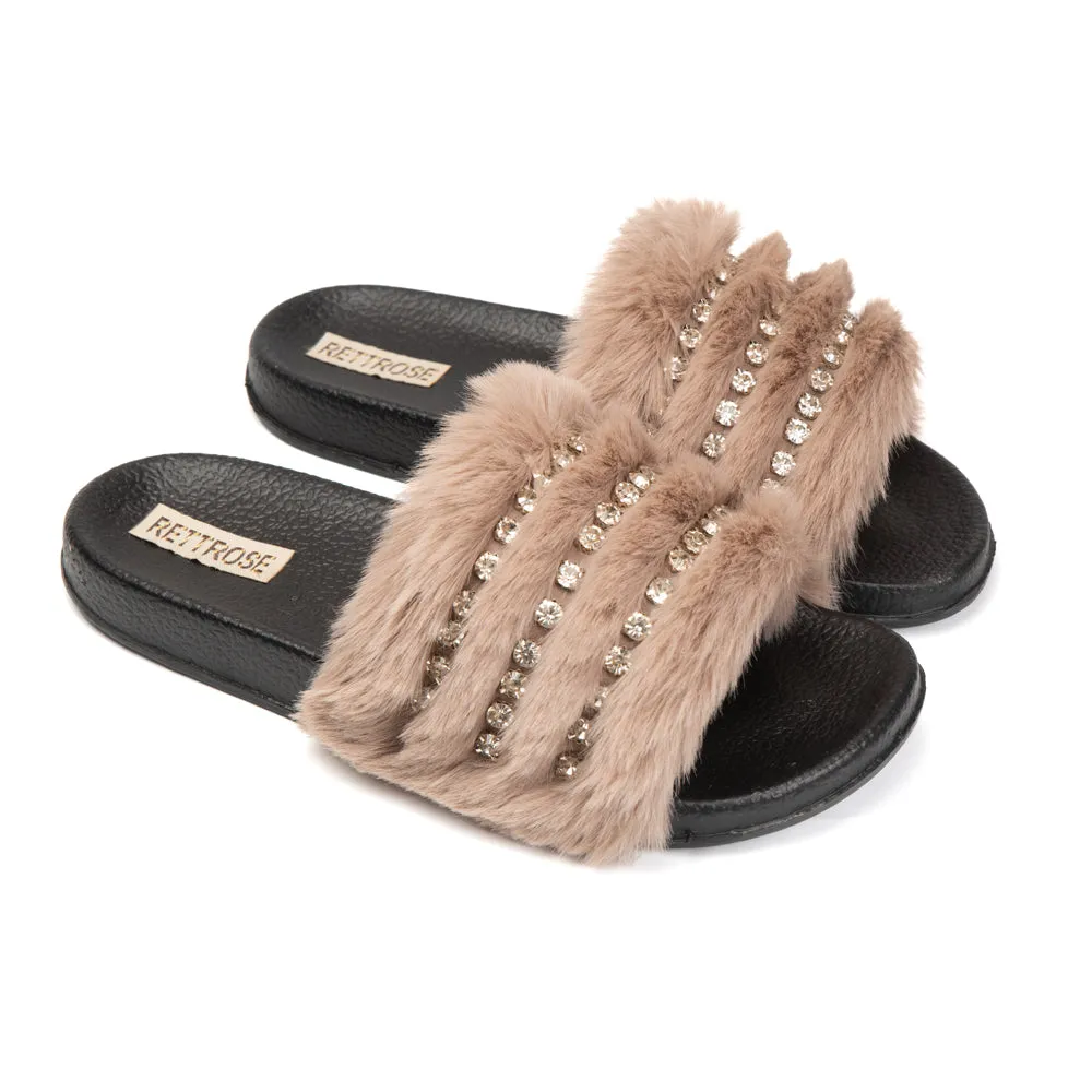 Anita Mink Luxury Plush Diamanté Embellished Handmade Sliders