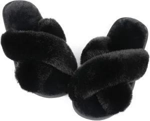 Ankis Womens Fuzzy Memory Foam Slippers Cross Band Cozy Plush Home Slippers Fluffy Furry Open Toe House Shoes Indoor Outdoor Slide Slipper