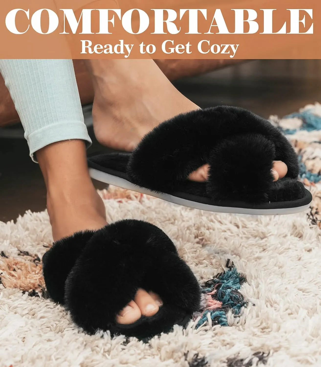 Ankis Womens Fuzzy Memory Foam Slippers Cross Band Cozy Plush Home Slippers Fluffy Furry Open Toe House Shoes Indoor Outdoor Slide Slipper